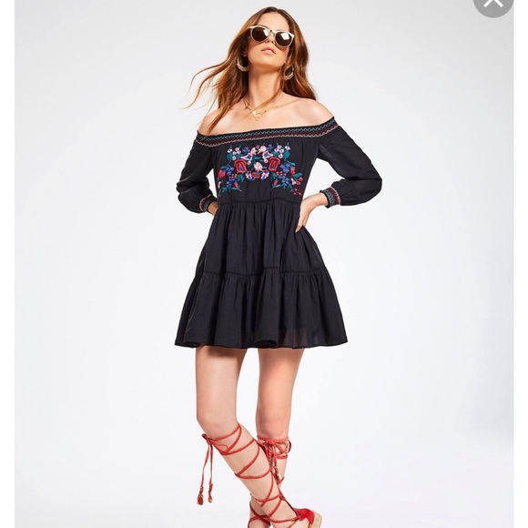 Free People Dresses & Skirts - Free People Embroidered Off Shoulder Black Dress